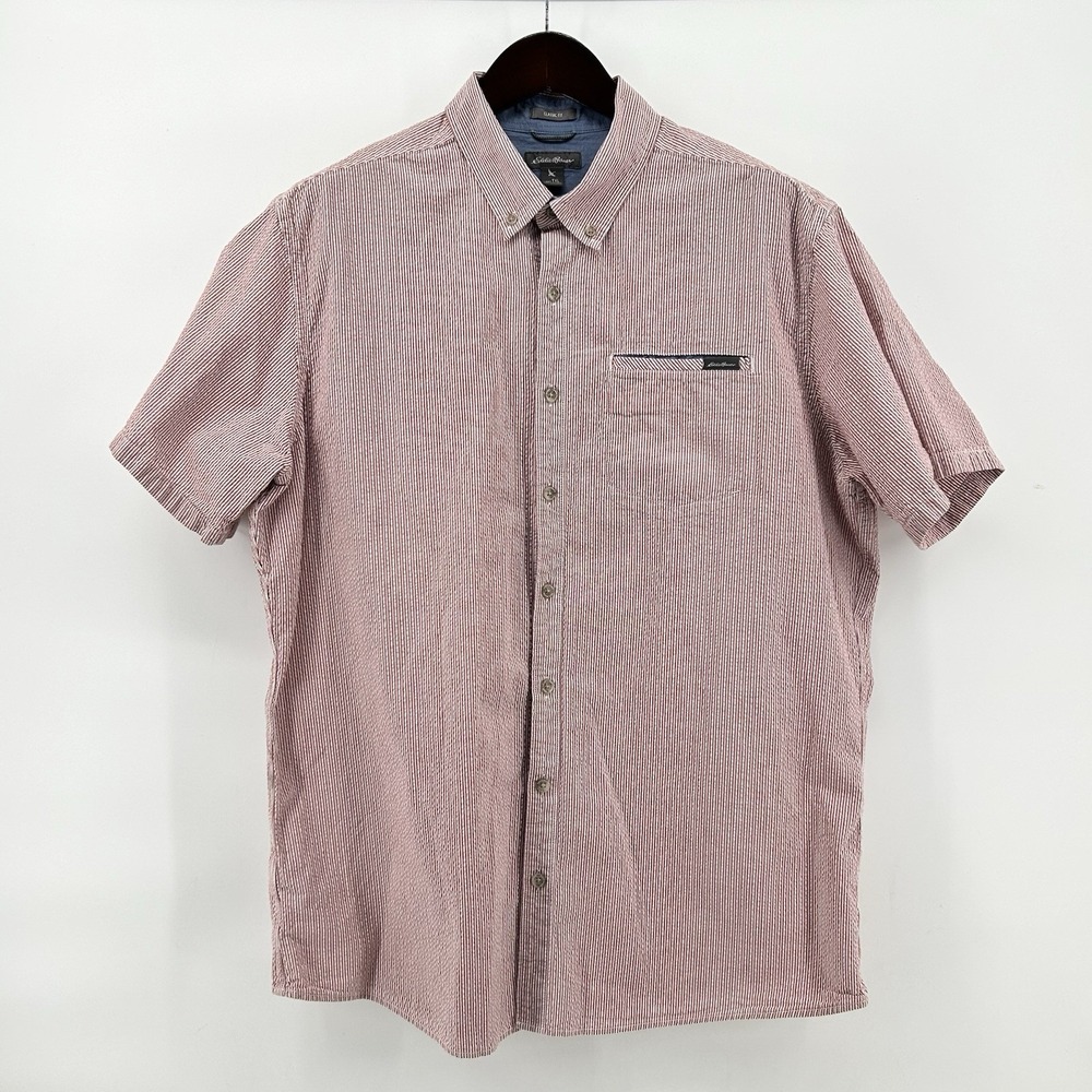 Eddie Bauer Seersucker Shirt Mens TXL Tall Red Stripe Classic Fit Short Sleeve